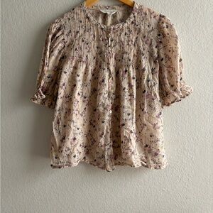 Luxury ba&sh Short Sleeve Floral Button Front Blouse in Cream Multi Size L Blush